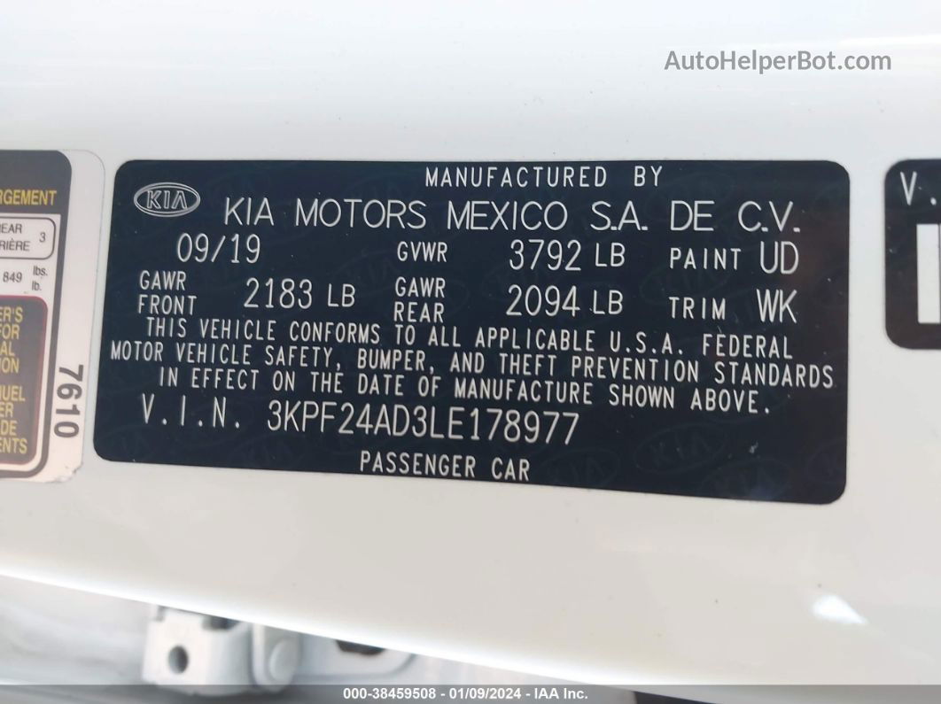 2020 Kia Forte Lxs White vin: 3KPF24AD3LE178977