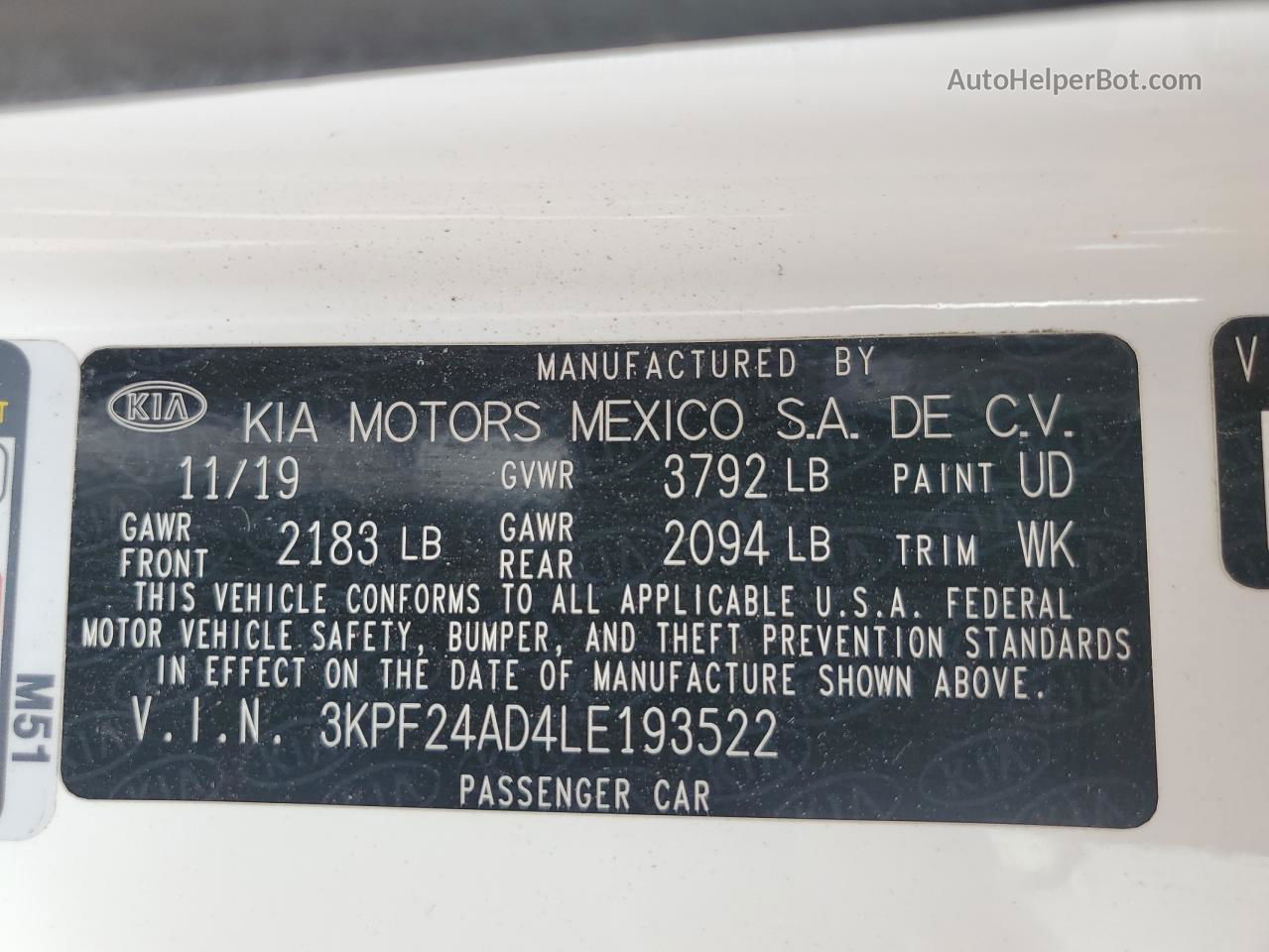 2020 Kia Forte Fe White vin: 3KPF24AD4LE193522