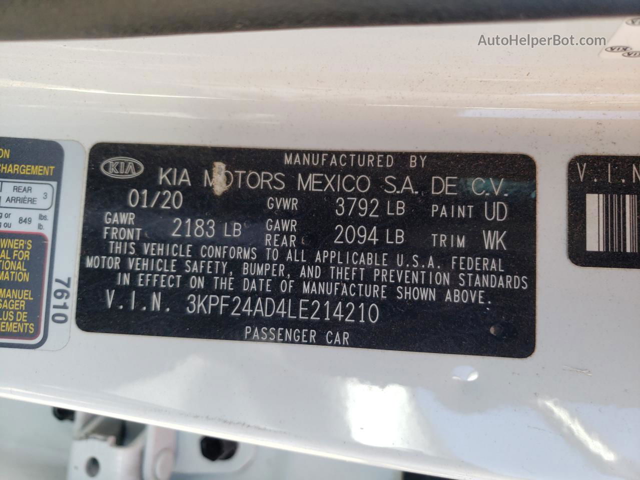 2020 Kia Forte Fe White vin: 3KPF24AD4LE214210