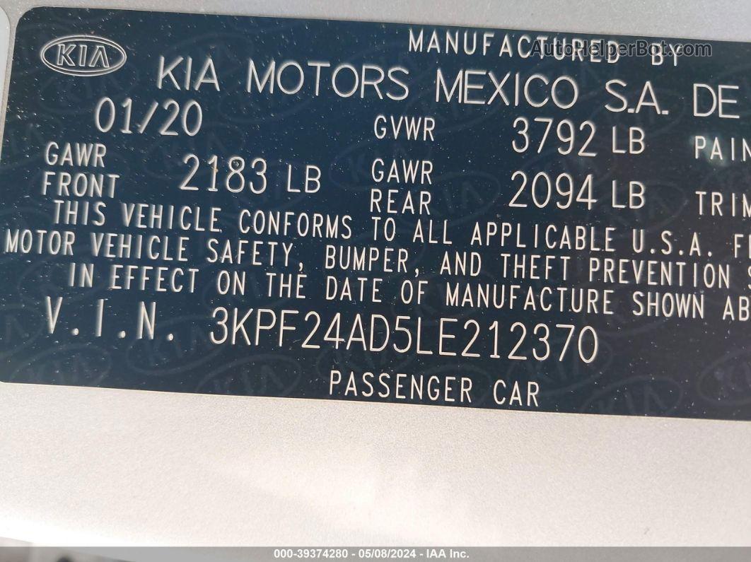 2020 Kia Forte Lxs Silver vin: 3KPF24AD5LE212370