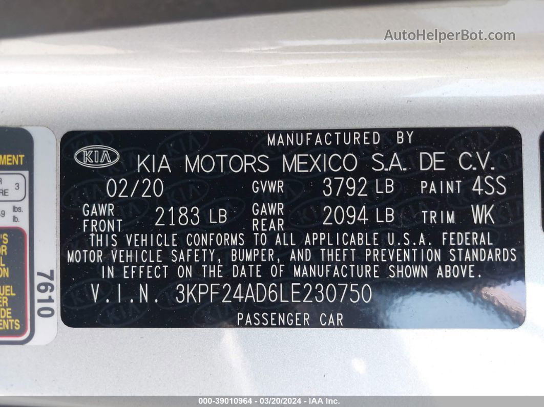 2020 Kia Forte Lxs Silver vin: 3KPF24AD6LE230750