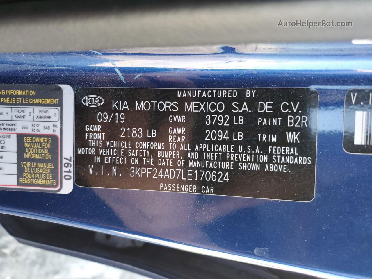 2020 Kia Forte Fe Blue vin: 3KPF24AD7LE170624