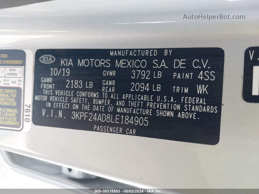 2020 Kia Forte Lxs Silver vin: 3KPF24AD8LE184905