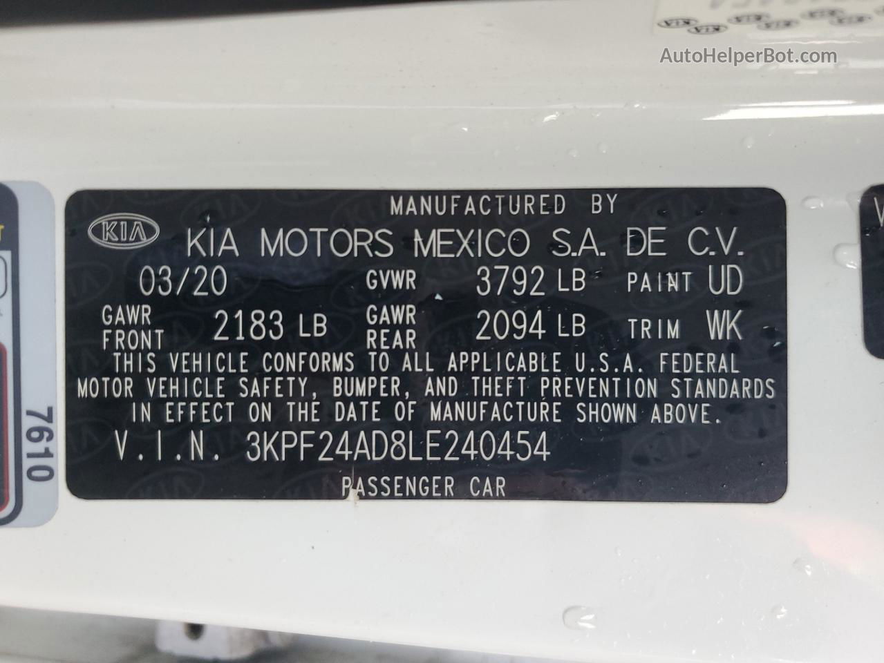 2020 Kia Forte Fe White vin: 3KPF24AD8LE240454