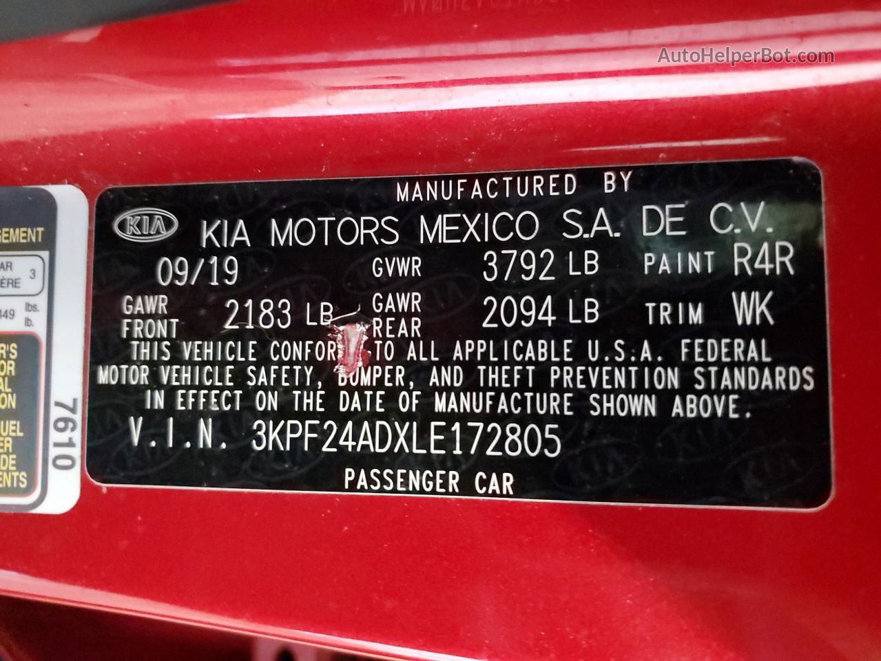 2020 Kia Forte Fe Red vin: 3KPF24ADXLE172805