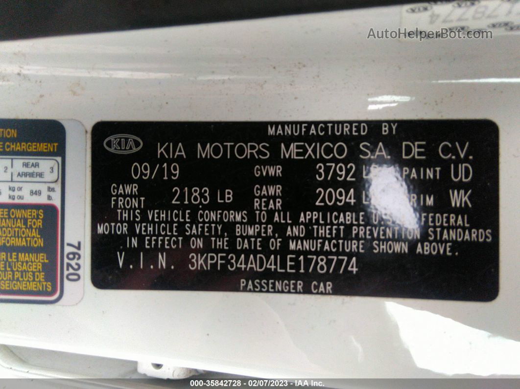 2020 Kia Forte Gt-line White vin: 3KPF34AD4LE178774