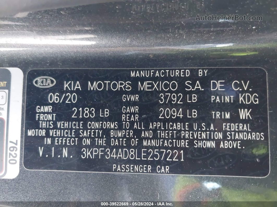 2020 Kia Forte Gt-line Gray vin: 3KPF34AD8LE257221