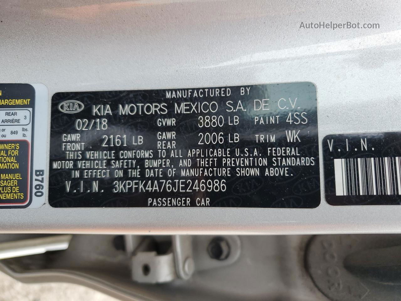 2018 Kia Forte Lx Silver vin: 3KPFK4A76JE246986