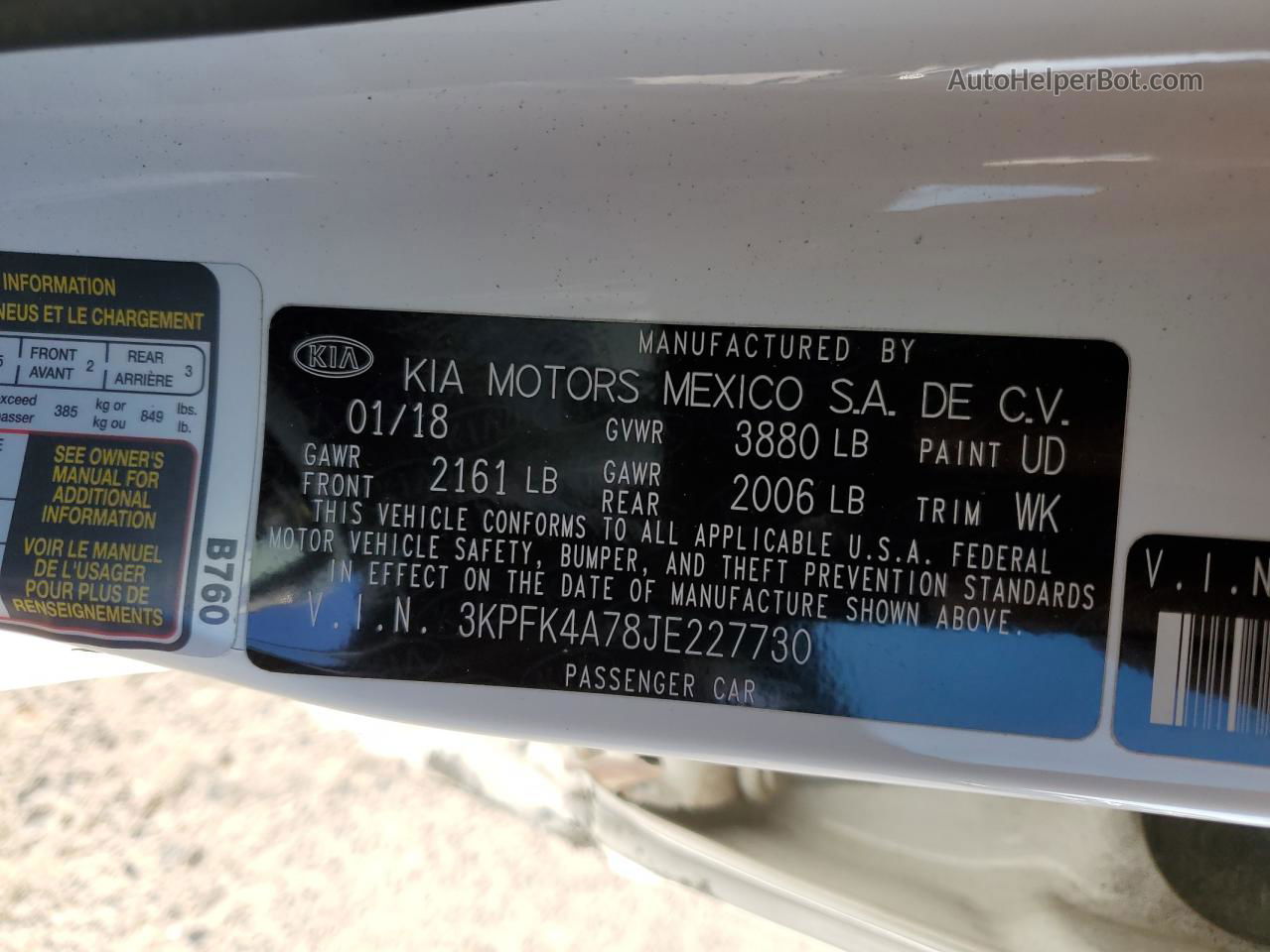 2018 Kia Forte Lx White vin: 3KPFK4A78JE227730