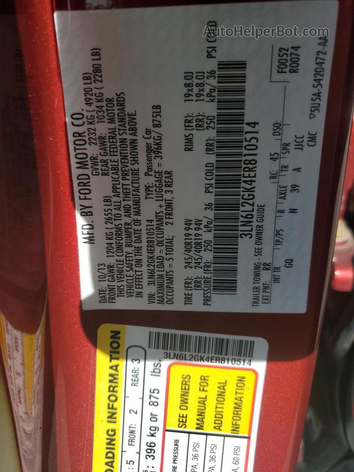 2014 Lincoln Mkz  Red vin: 3LN6L2GK4ER810514