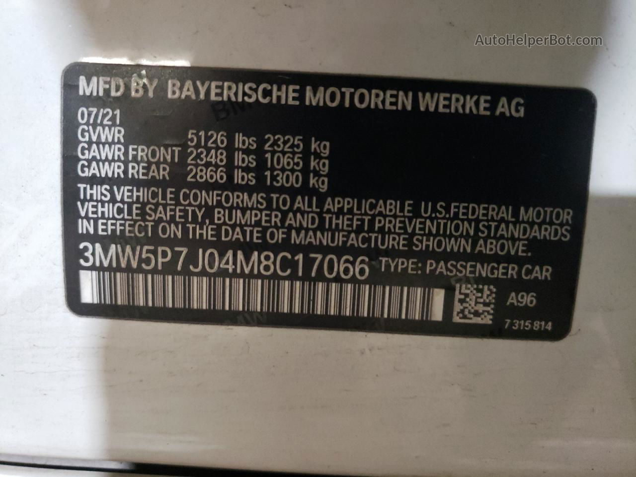 2021 Bmw 330e  White vin: 3MW5P7J04M8C17066