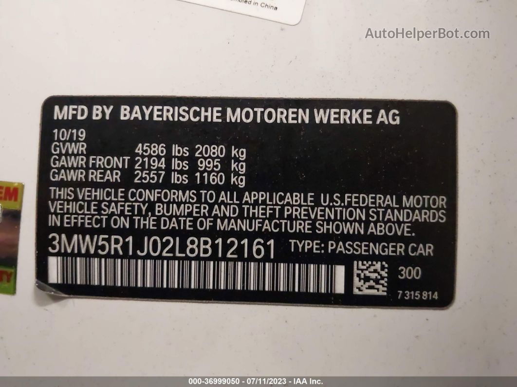 2020 Bmw 3 Series 330i White vin: 3MW5R1J02L8B12161