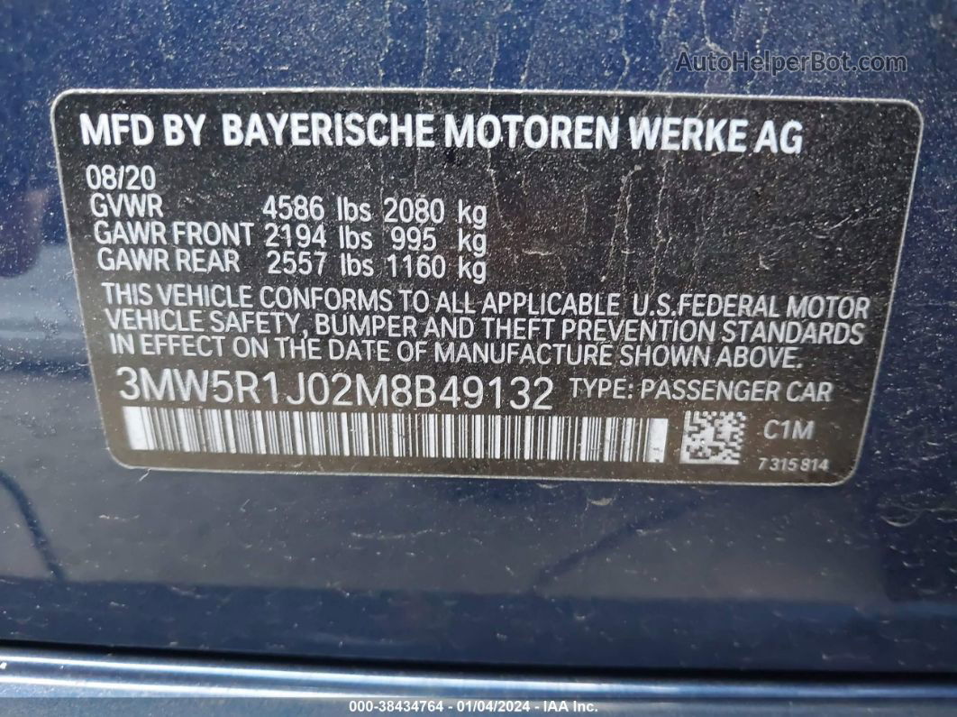 2021 Bmw 330i   Blue vin: 3MW5R1J02M8B49132