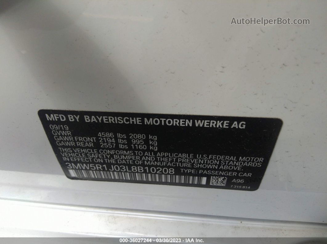 2020 Bmw 3 Series 330i White vin: 3MW5R1J03L8B10208