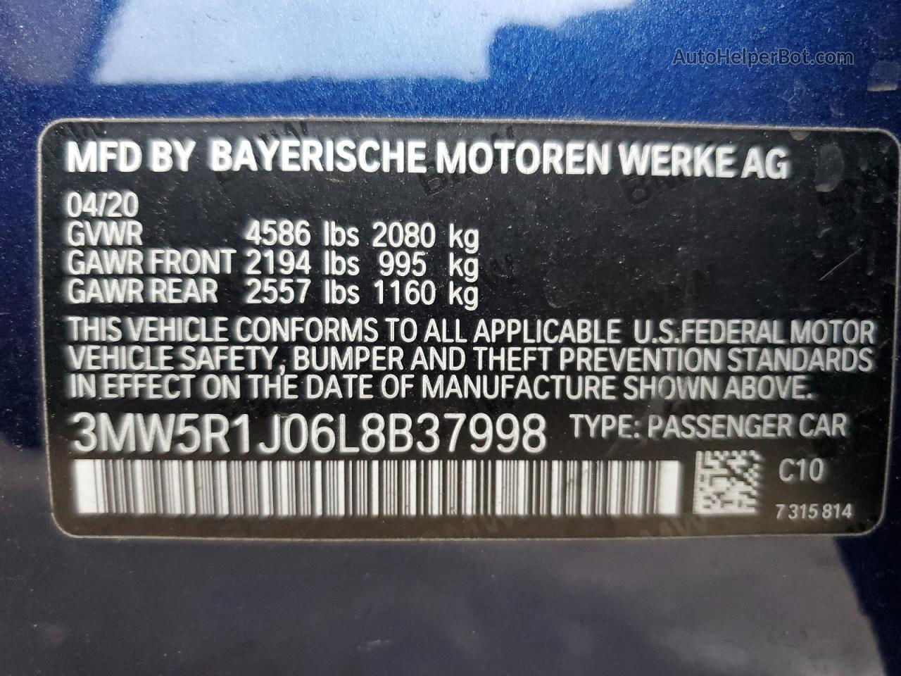 2020 Bmw 330i  Blue vin: 3MW5R1J06L8B37998