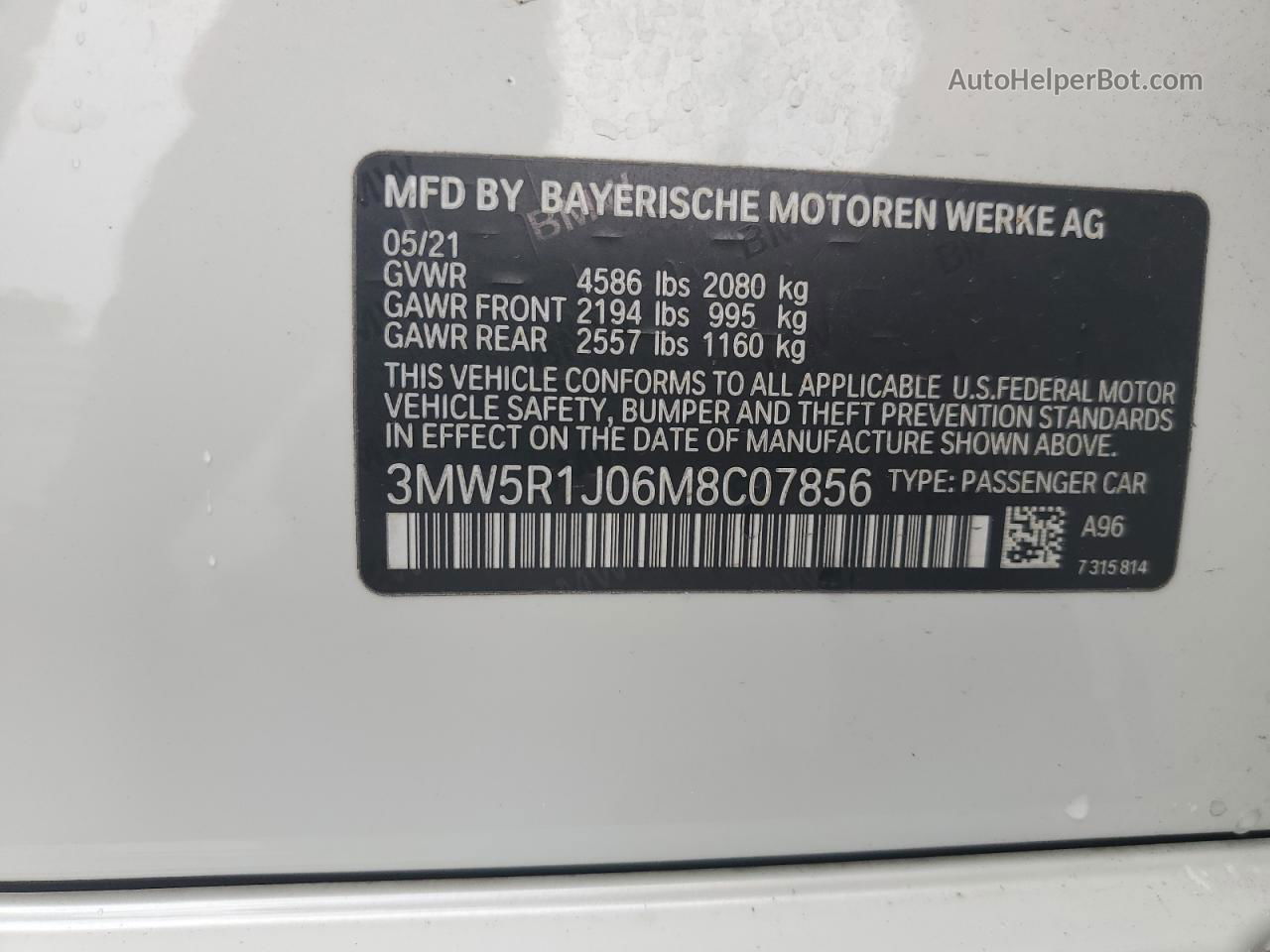 2021 Bmw 330i  White vin: 3MW5R1J06M8C07856