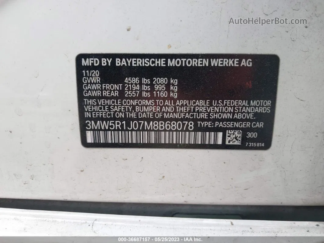 2021 Bmw 3 Series 330i White vin: 3MW5R1J07M8B68078