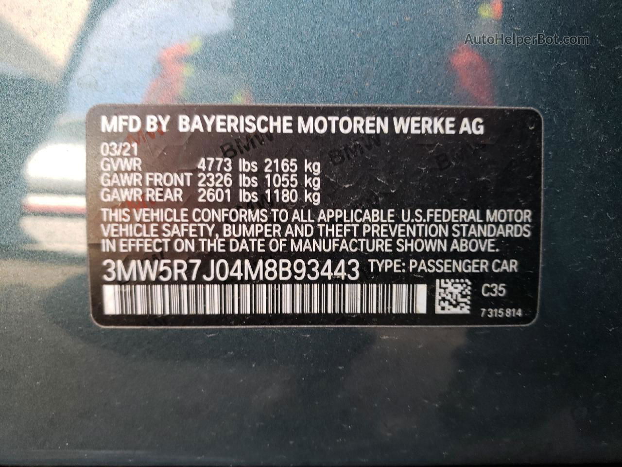 2021 Bmw 330xi  Blue vin: 3MW5R7J04M8B93443