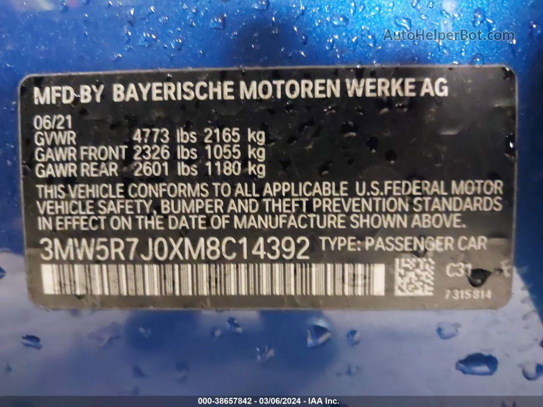 2021 Bmw 330i Xdrive Blue vin: 3MW5R7J0XM8C14392