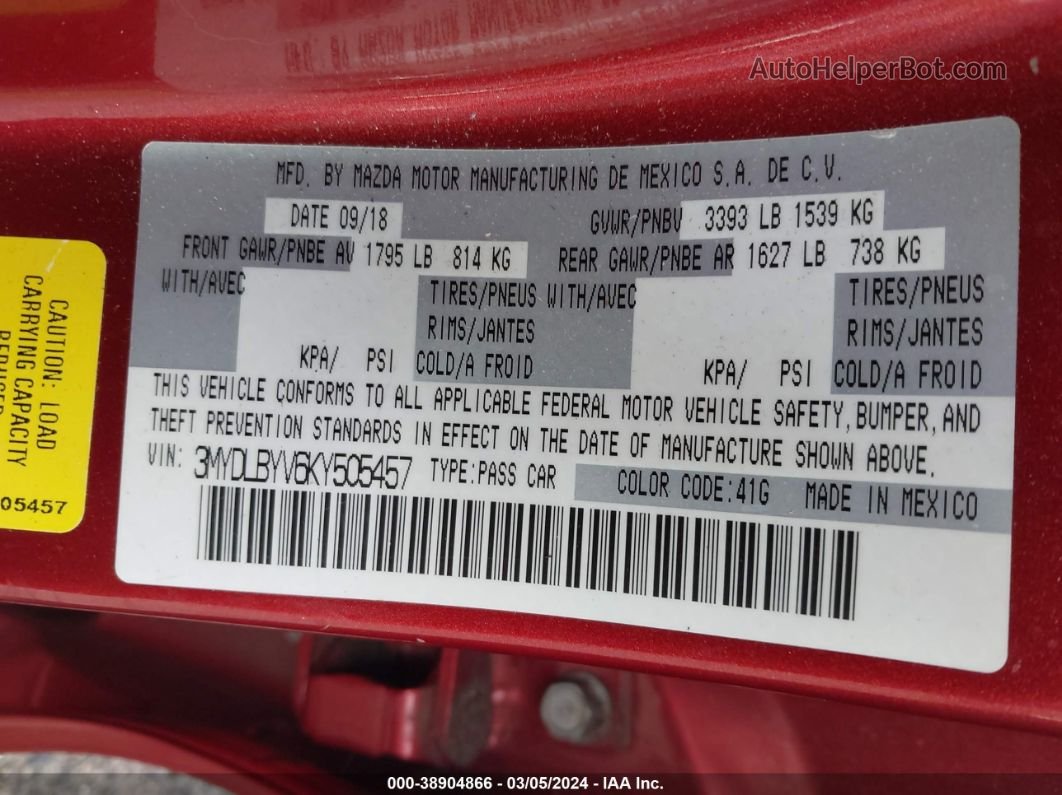 2019 Toyota Yaris Le Red vin: 3MYDLBYV6KY505457