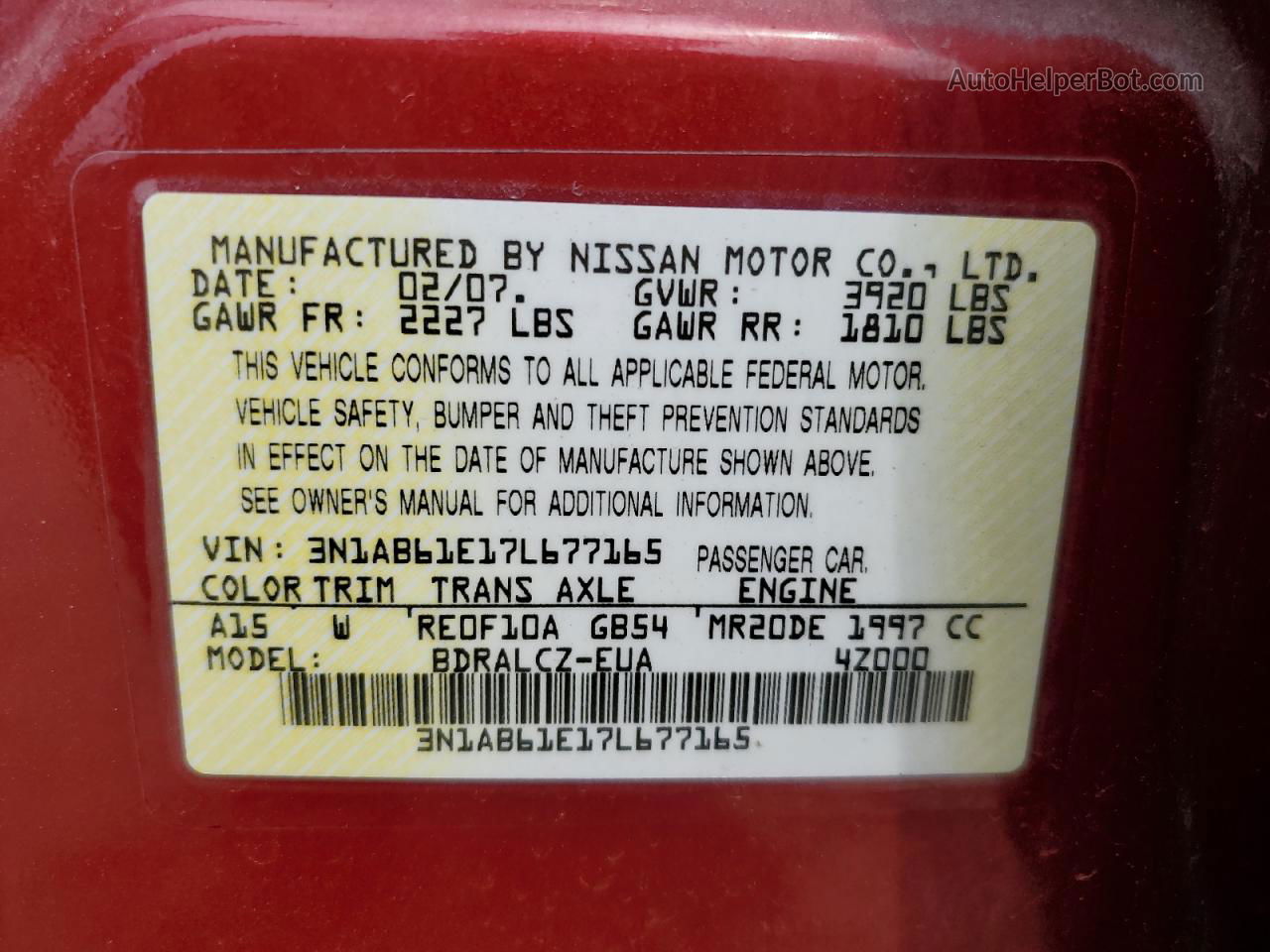 2007 Nissan Sentra 2.0 Red vin: 3N1AB61E17L677165