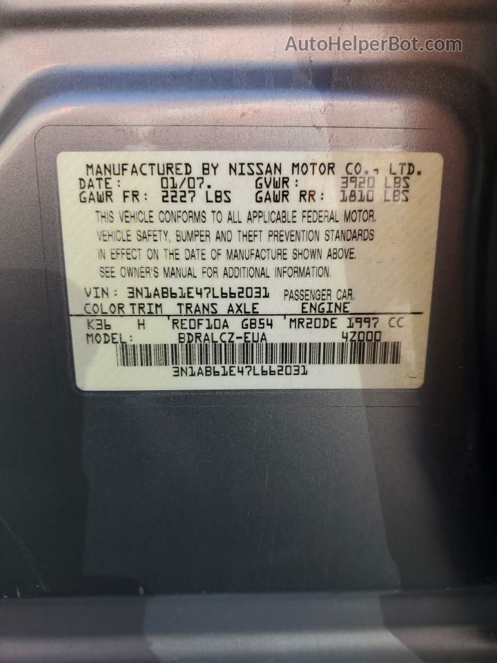 2007 Nissan Sentra 2.0 Silver vin: 3N1AB61E47L662031