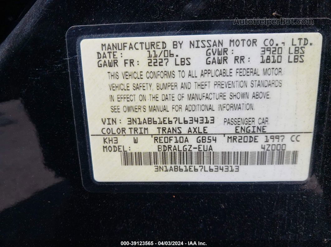 2007 Nissan Sentra 2.0sl Black vin: 3N1AB61E67L634313