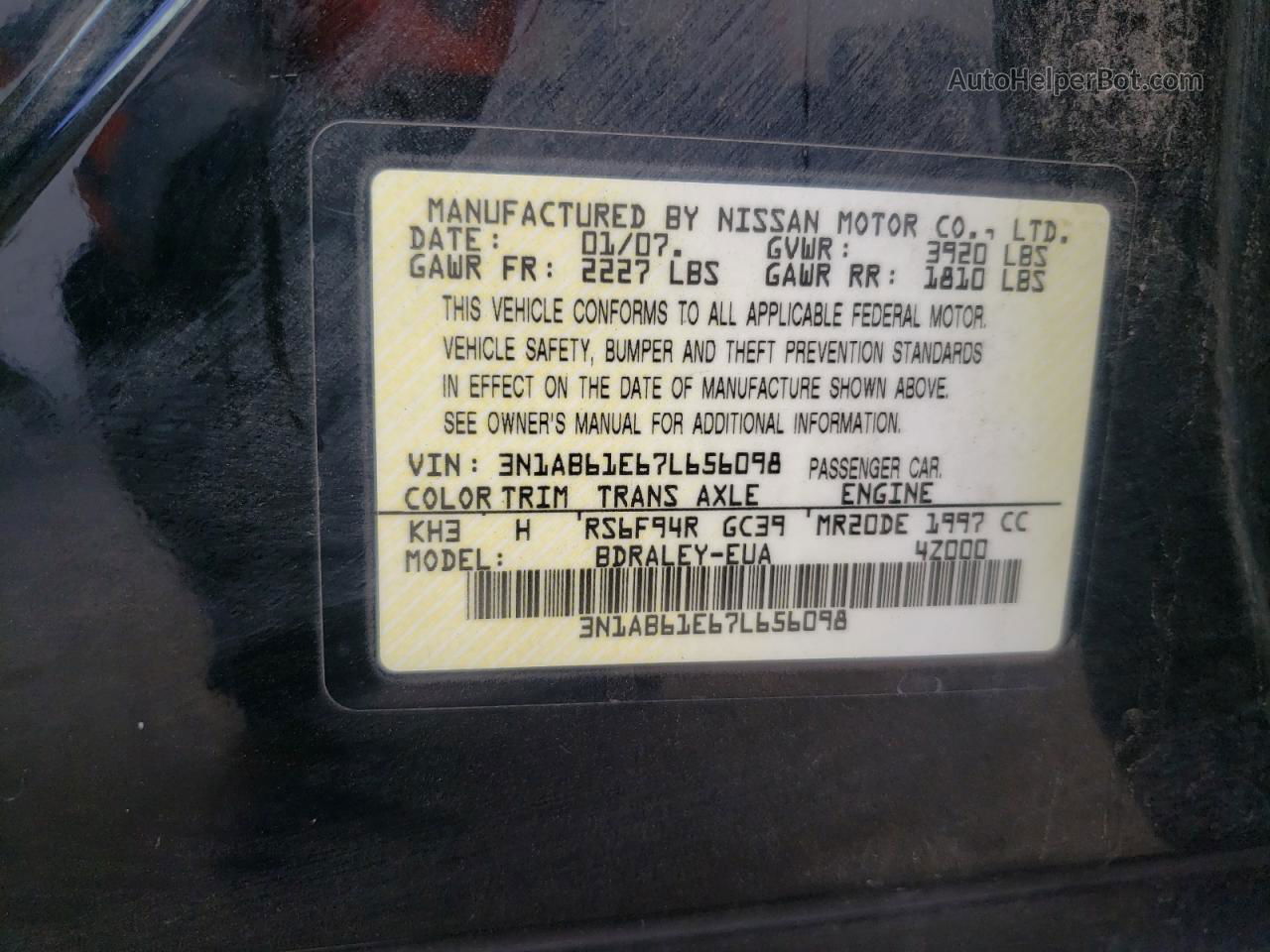 2007 Nissan Sentra 2.0 Black vin: 3N1AB61E67L656098