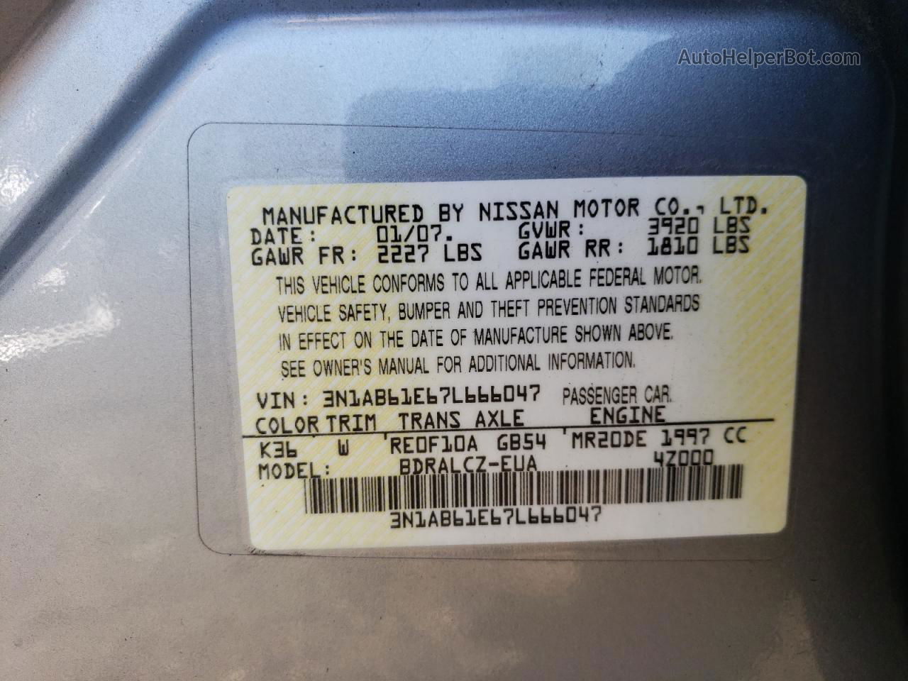 2007 Nissan Sentra 2.0 Silver vin: 3N1AB61E67L666047