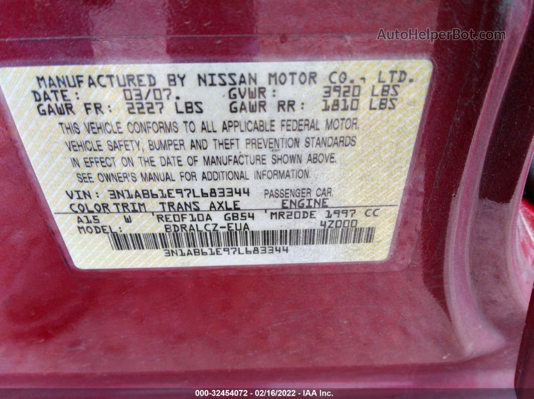 2007 Nissan Sentra 2.0 Red vin: 3N1AB61E97L683344