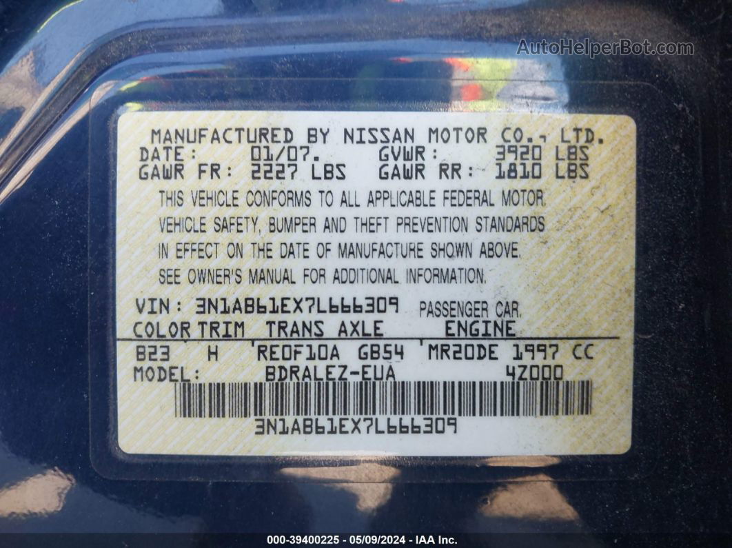 2007 Nissan Sentra 2.0s Dark Blue vin: 3N1AB61EX7L666309