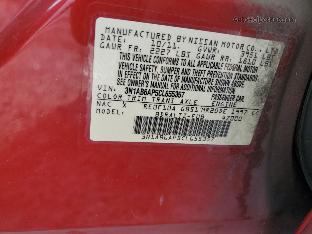 2012 Nissan Sentra 2.0 Red vin: 3N1AB6AP5CL655357