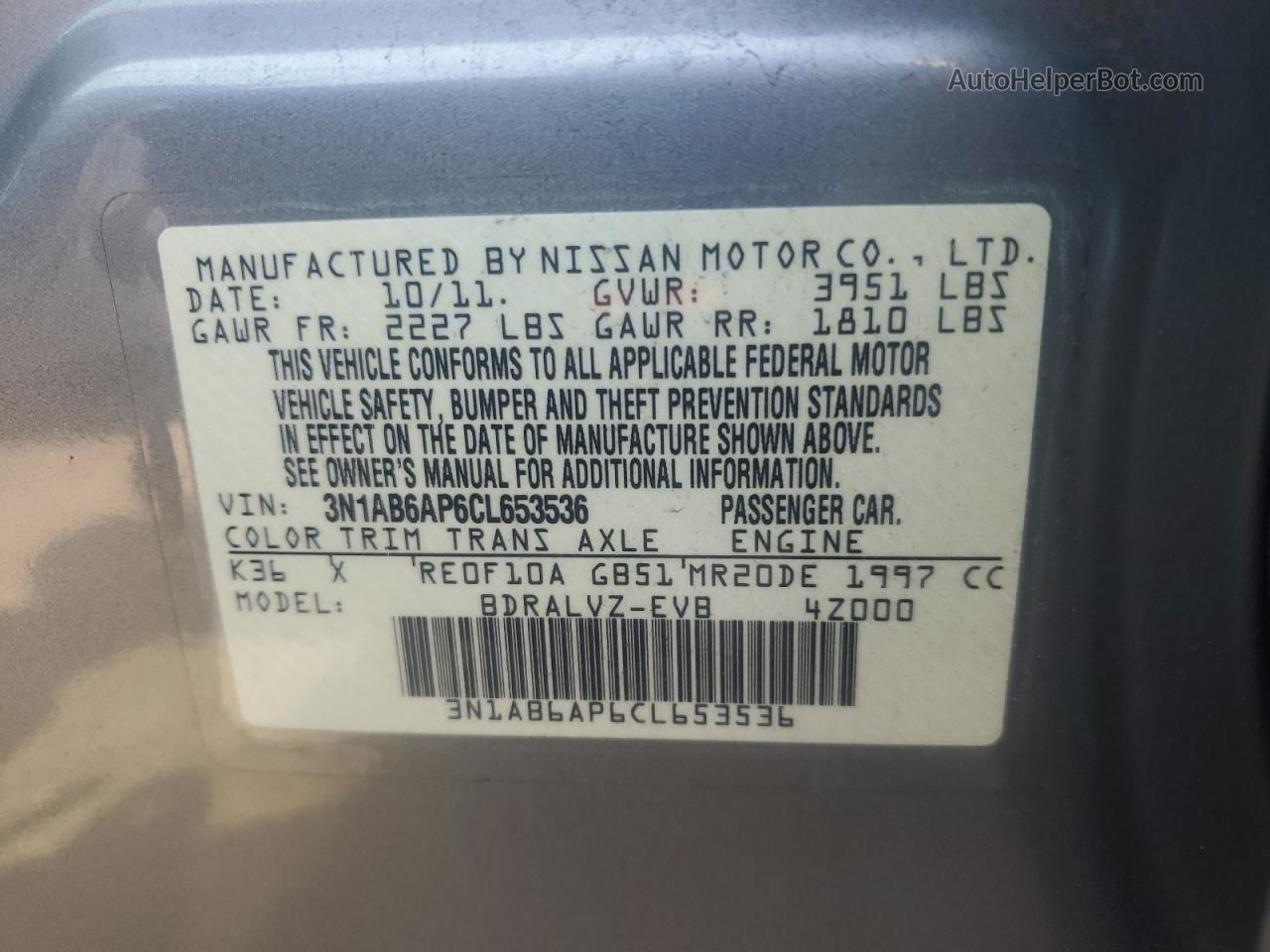 2012 Nissan Sentra 2.0 Gray vin: 3N1AB6AP6CL653536