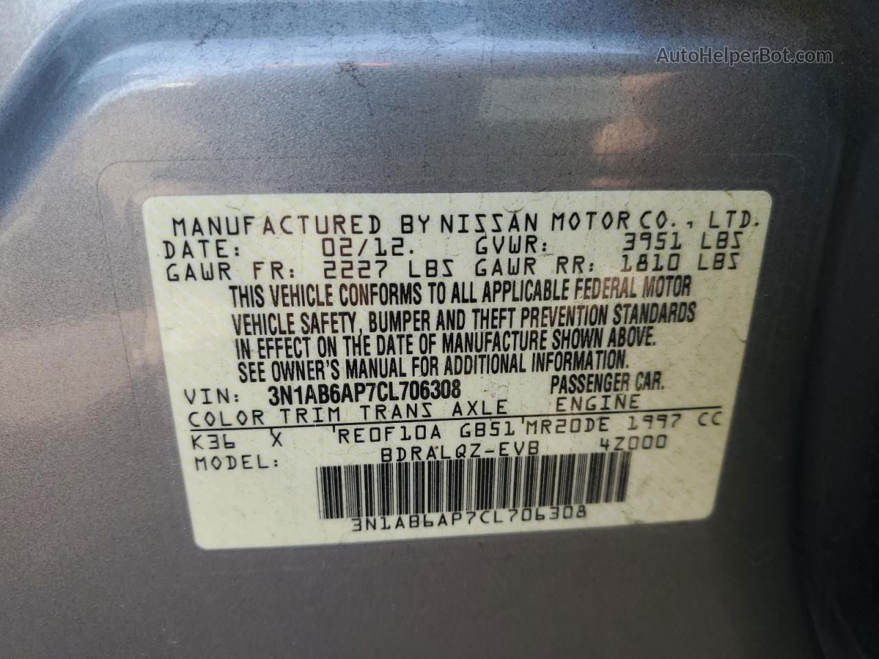 2012 Nissan Sentra 2.0 Gray vin: 3N1AB6AP7CL706308