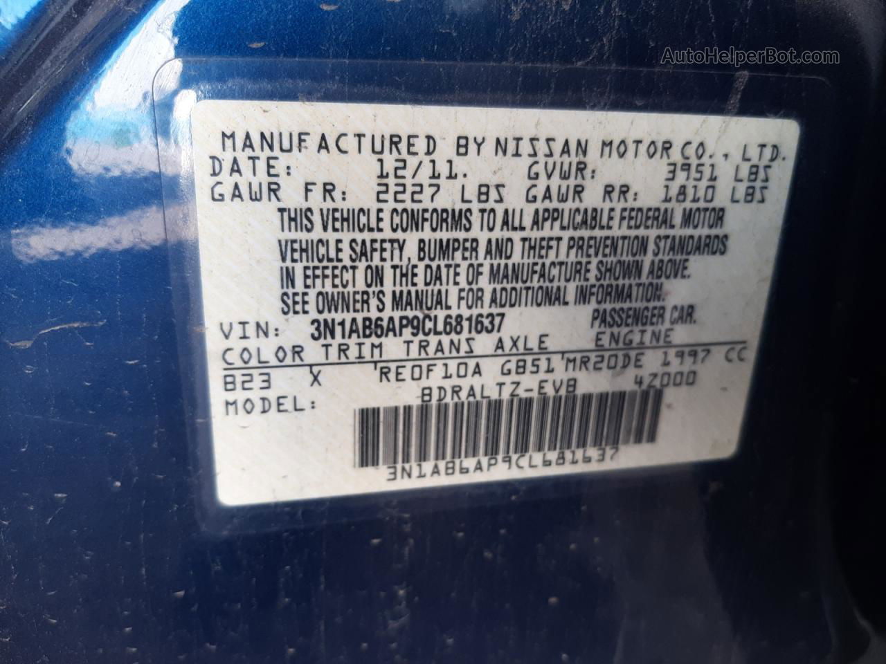 2012 Nissan Sentra 2.0 Blue vin: 3N1AB6AP9CL681637