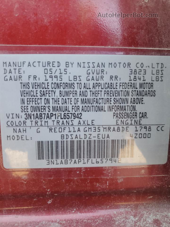 2015 Nissan Sentra S Red vin: 3N1AB7AP1FL657942