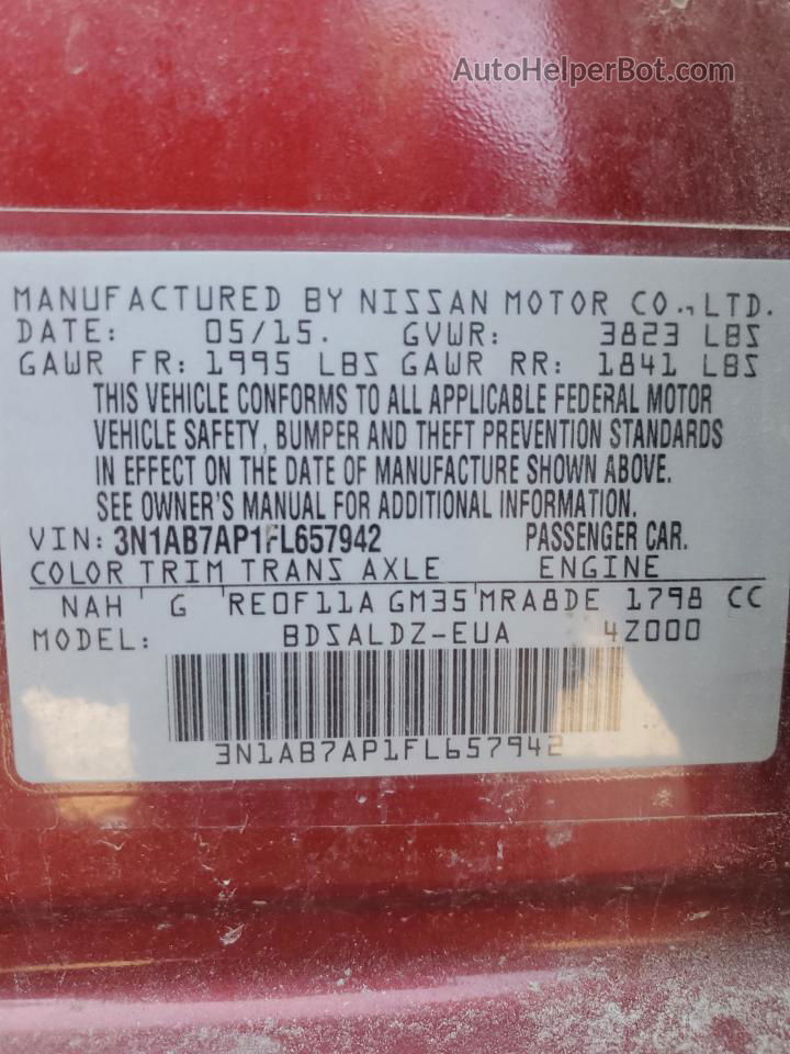 2015 Nissan Sentra S Красный vin: 3N1AB7AP1FL657942