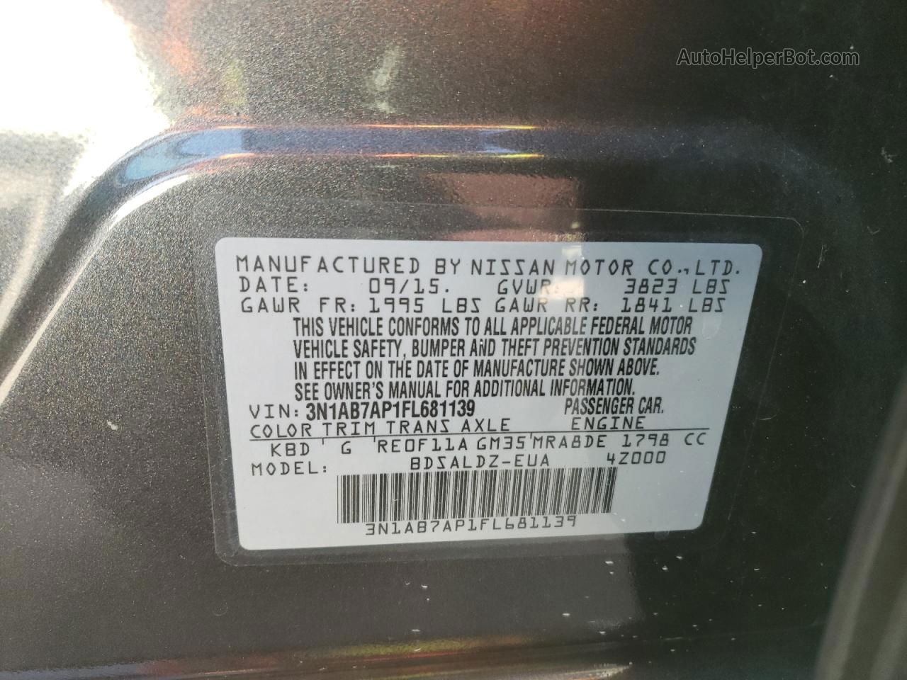 2015 Nissan Sentra S Серый vin: 3N1AB7AP1FL681139