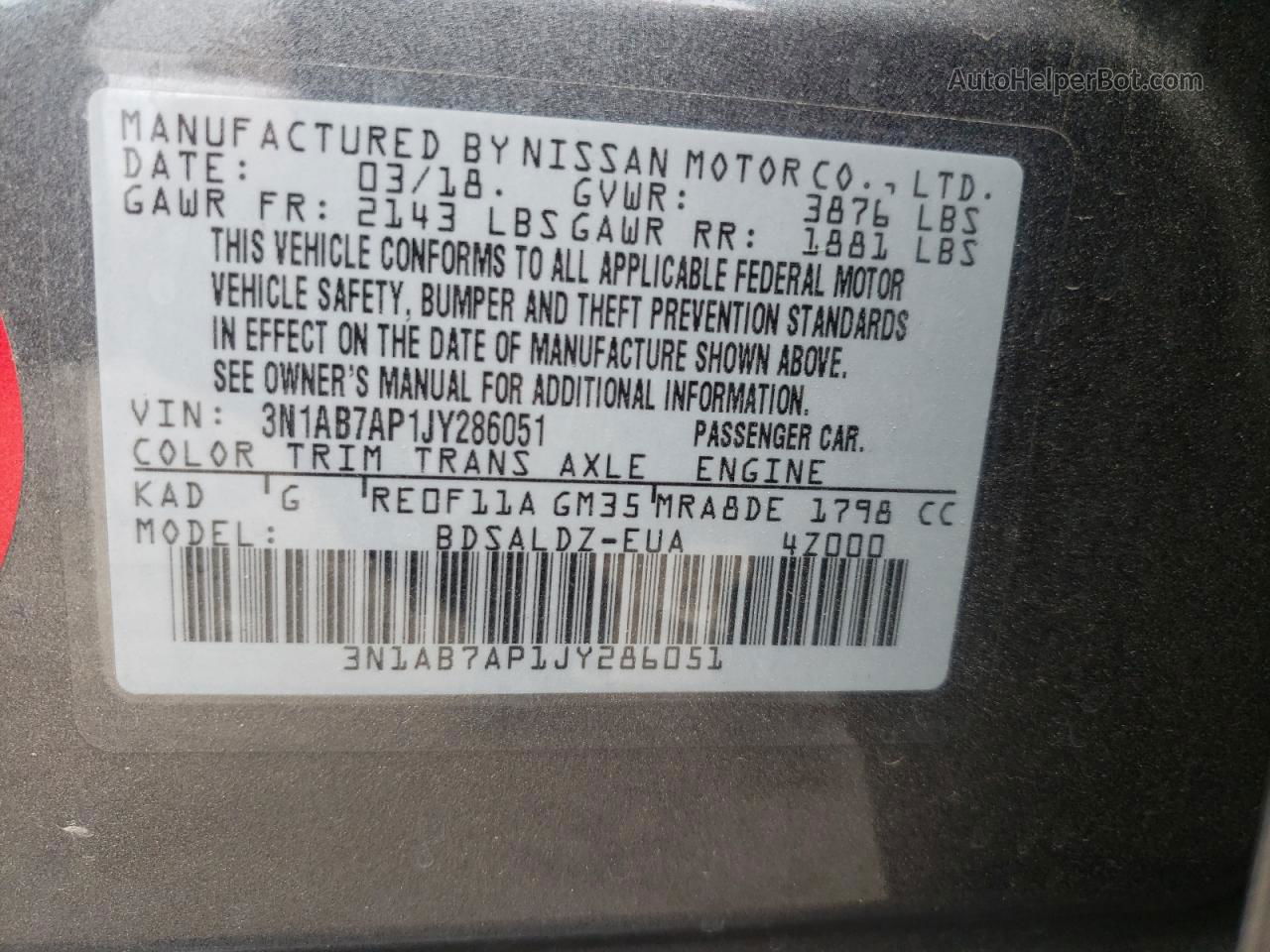 2018 Nissan Sentra S Серый vin: 3N1AB7AP1JY286051