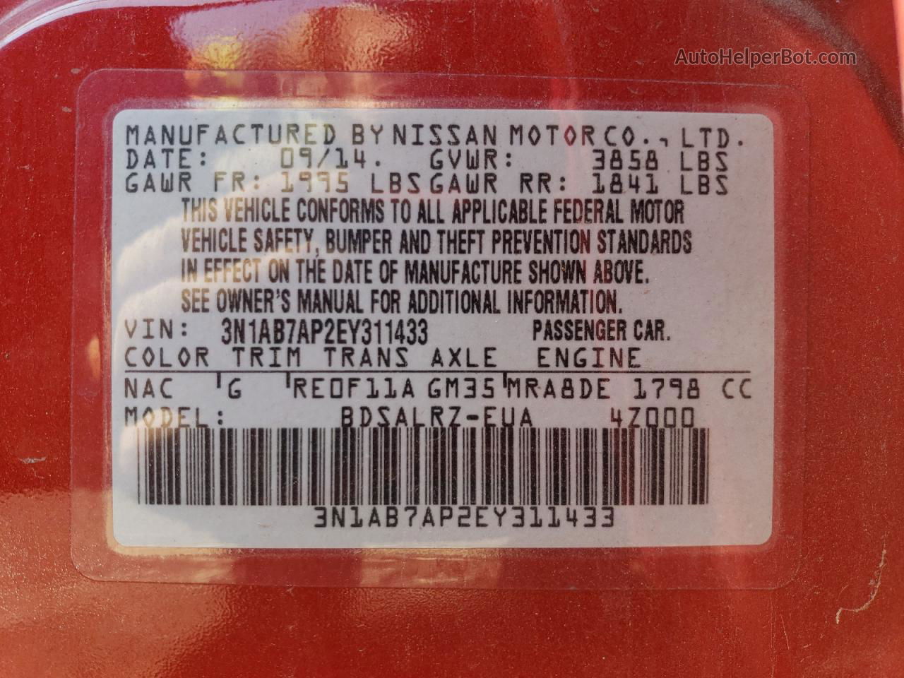 2014 Nissan Sentra S Красный vin: 3N1AB7AP2EY311433