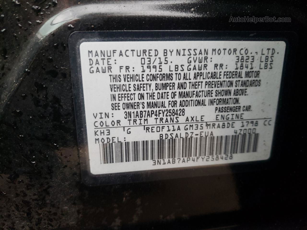 2015 Nissan Sentra S Black vin: 3N1AB7AP4FY258428