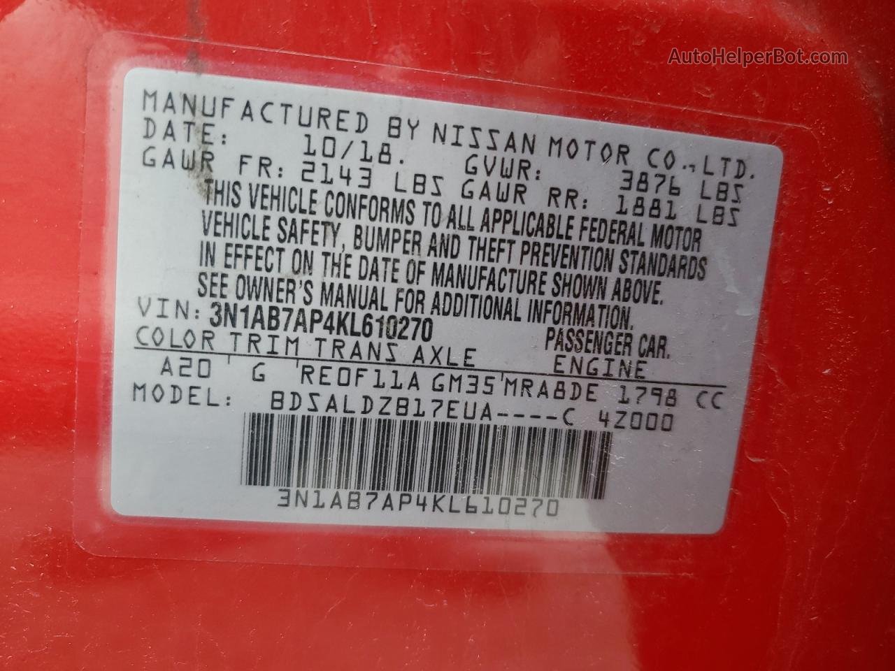 2019 Nissan Sentra S Red vin: 3N1AB7AP4KL610270