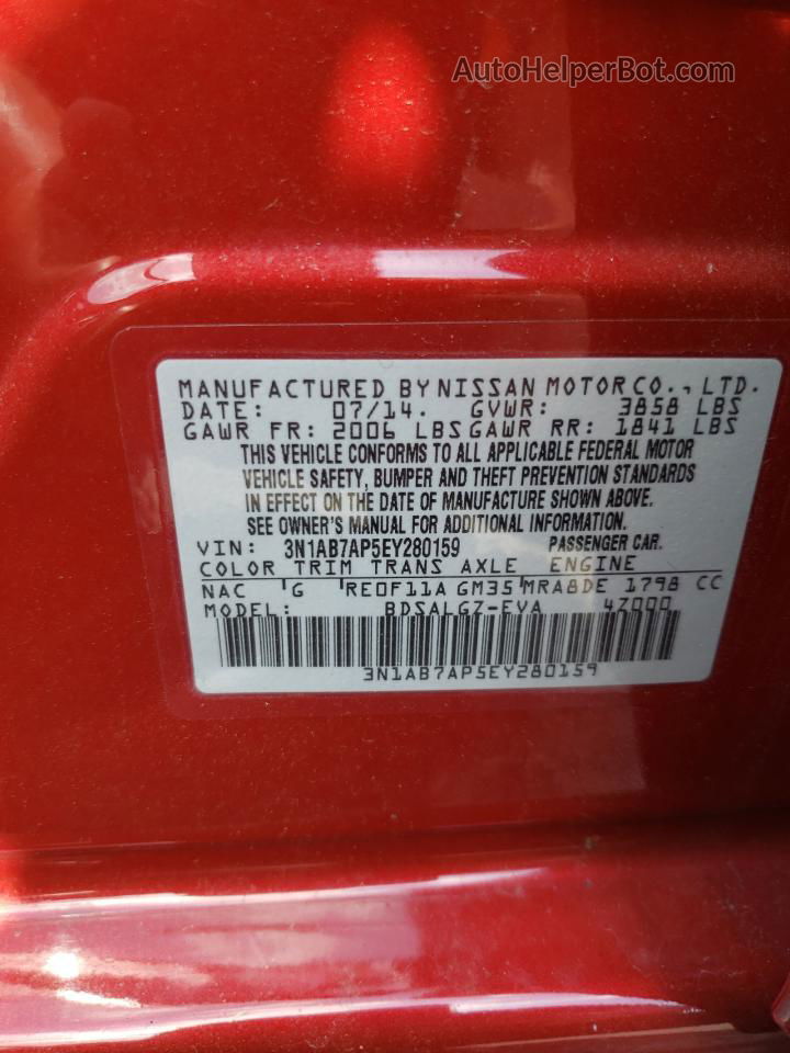 2014 Nissan Sentra S Red vin: 3N1AB7AP5EY280159