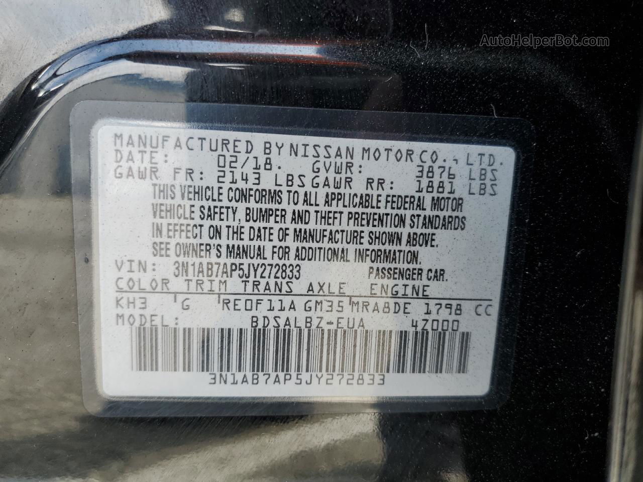 2018 Nissan Sentra S Black vin: 3N1AB7AP5JY272833