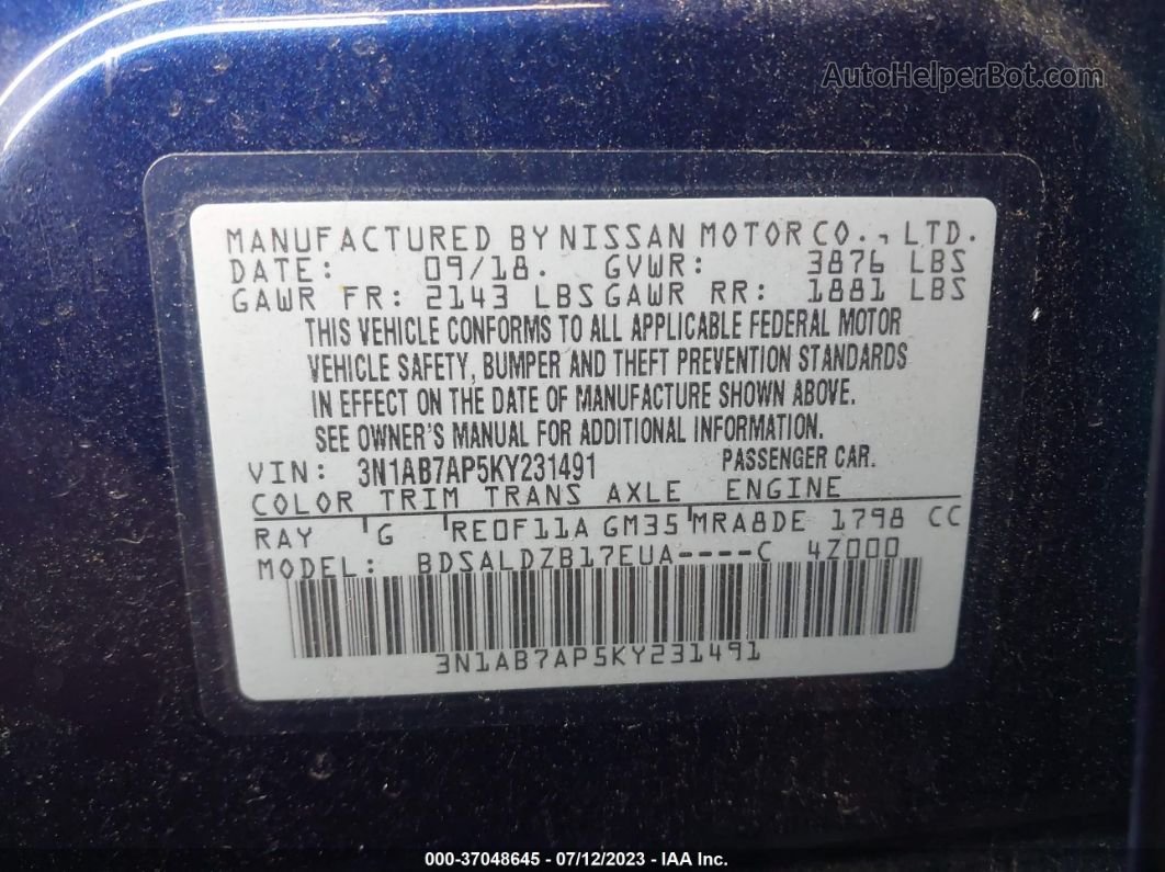 2019 Nissan Sentra Sv Dark Blue vin: 3N1AB7AP5KY231491