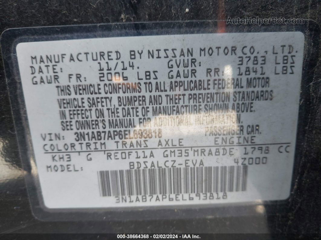 2014 Nissan Sentra S Черный vin: 3N1AB7AP6EL693818