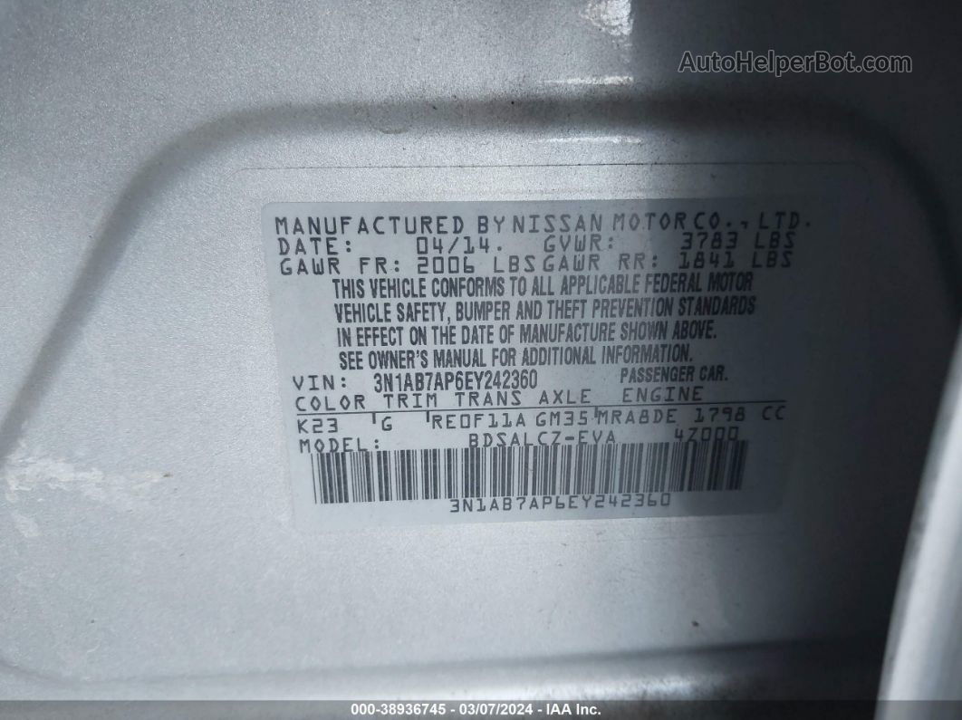 2014 Nissan Sentra S Серебряный vin: 3N1AB7AP6EY242360