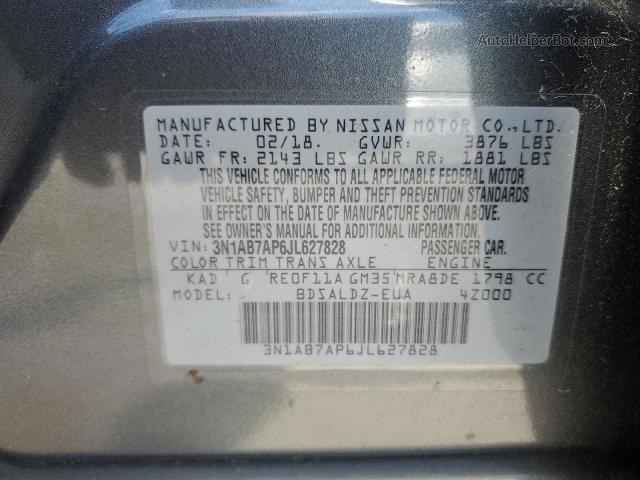 2018 Nissan Sentra S Charcoal vin: 3N1AB7AP6JL627828