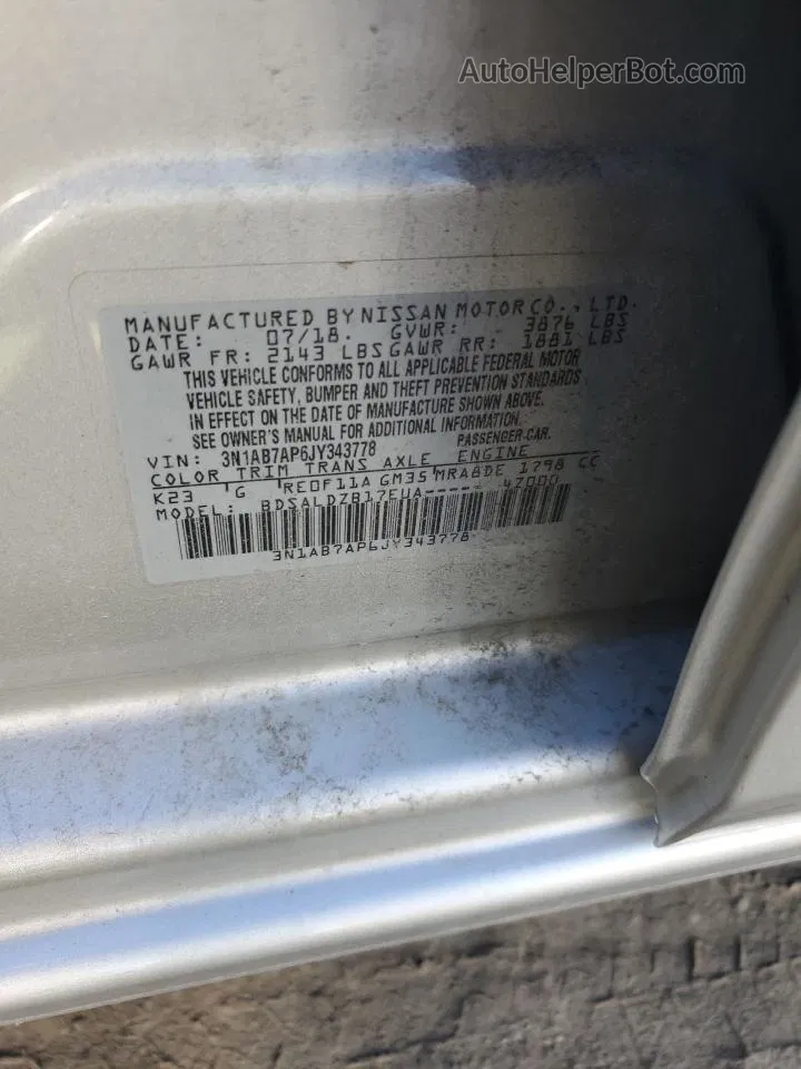 2018 Nissan Sentra S Серебряный vin: 3N1AB7AP6JY343778