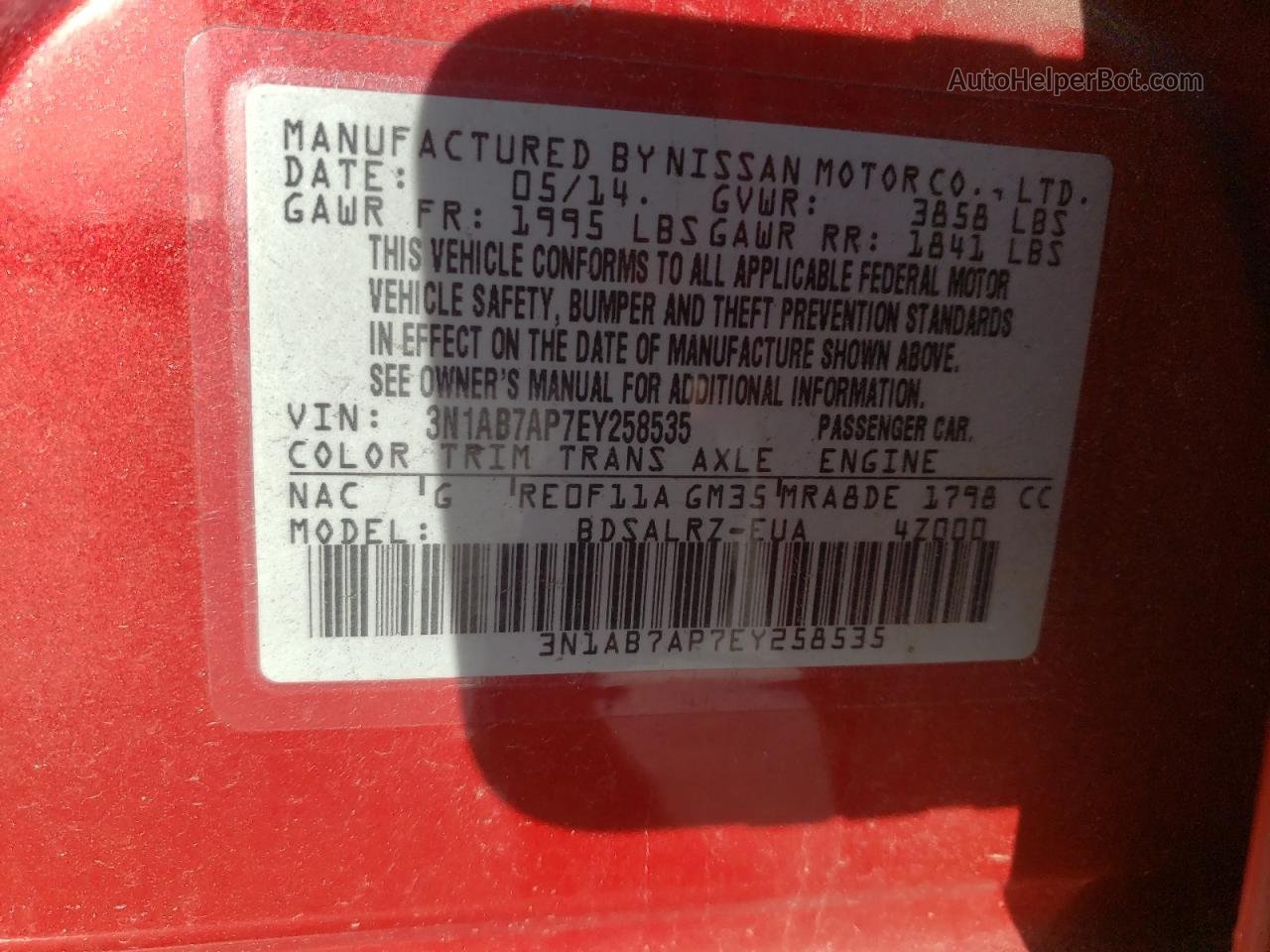 2014 Nissan Sentra S Red vin: 3N1AB7AP7EY258535